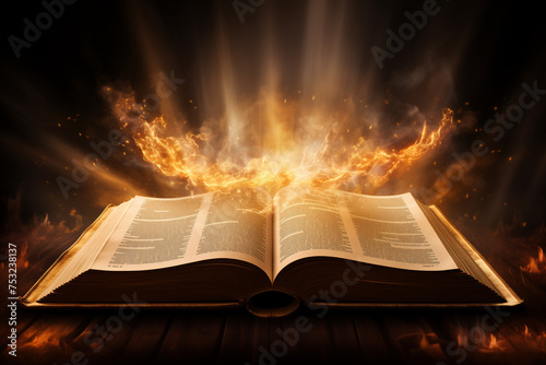 A bible with fire and flames on a dark background. Generative AI