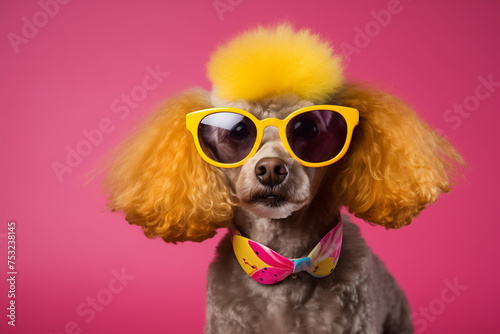 A poodle wears yellow sunglasses and a bow tie in front of a pink background. Generative AI © Positive Click