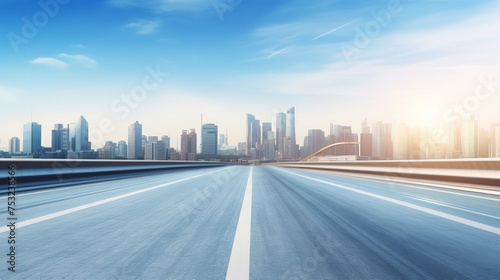 Motion blur of a highway overpass against a city skyline background is depicted in a 3D rendering of an early morning scene.