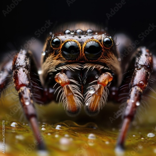 jumping spider close up on the water drops in nature. macro. Wildlife Concept with Copy Space.  © John Martin