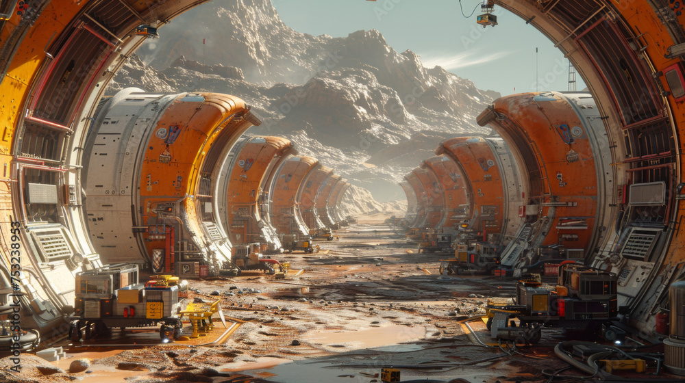 Storage warehouse. The colony on Mars. Autonomous life on Mars.