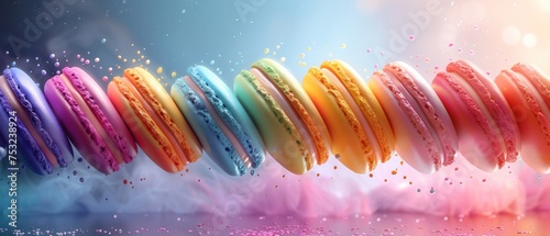 a row of colorful macaroons sitting on top of each other in front of a blue sky and clouds. photo