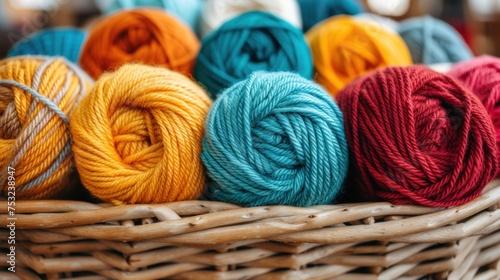 a basket filled with balls of yarn next to a basket filled with balls of orange, red, yellow, and blue yarn.