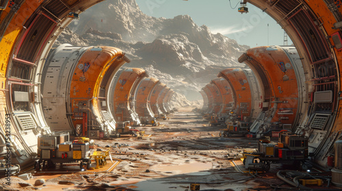 Storage warehouse. The colony on Mars. Autonomous life on Mars. photo