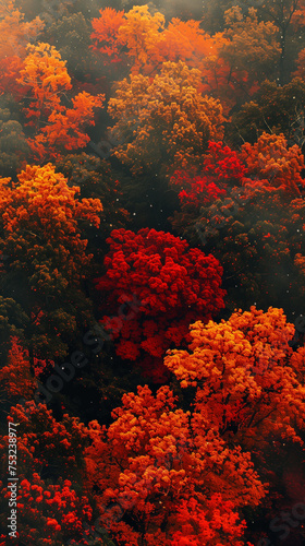 A breathtaking view of a red autumn forest, seen from above
