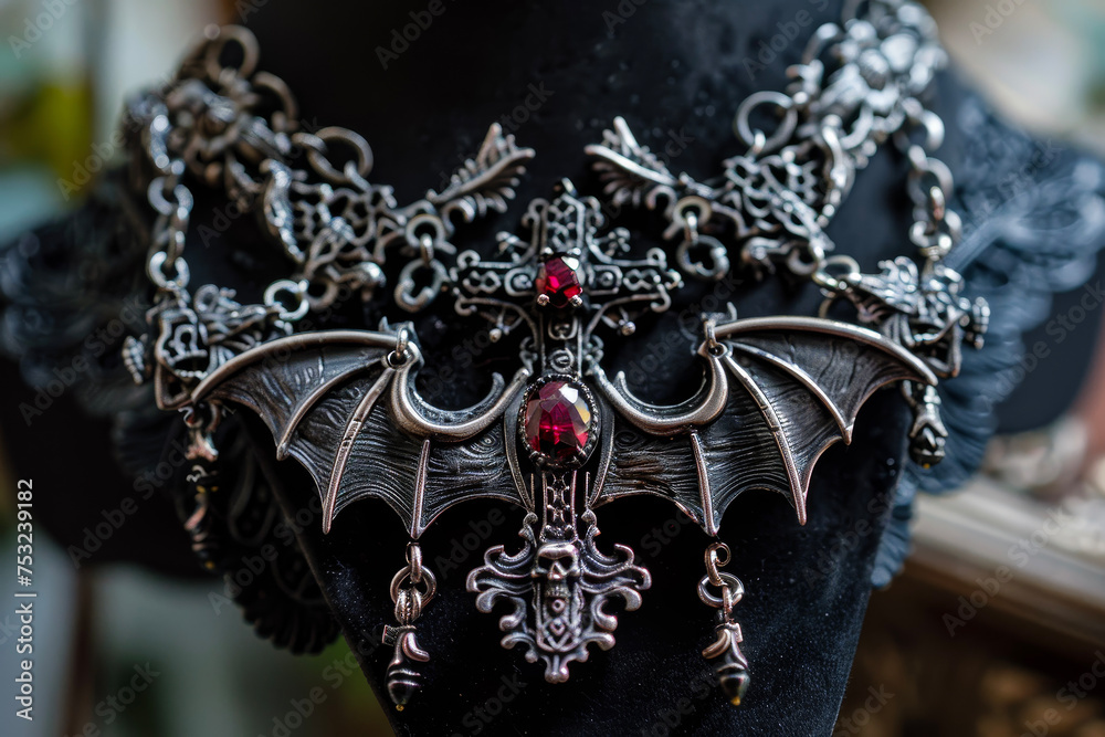 A gothic necklace with a cross, a bat and a ruby