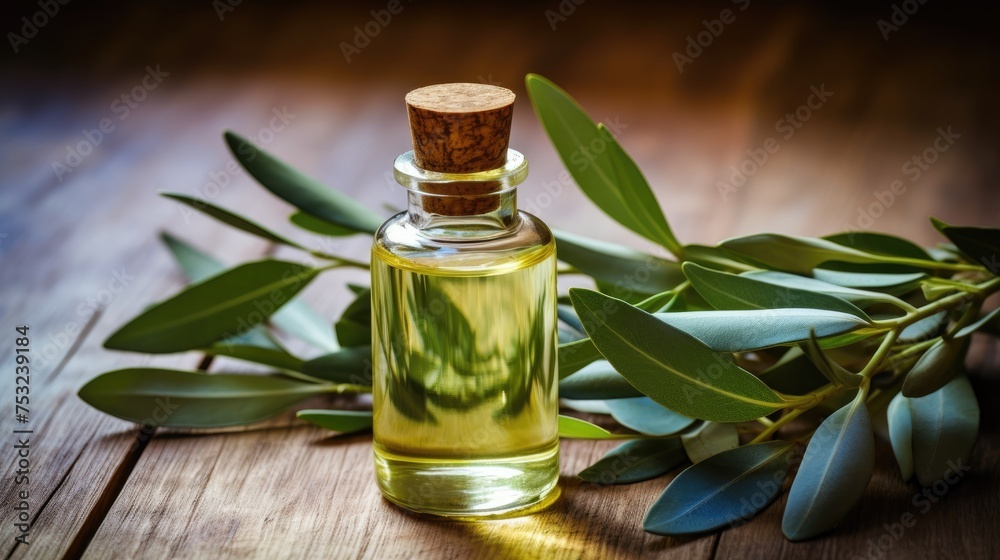 A bottle of eucalyptus essential oil and twigs of plants on a wooden table, a place for text. A bottle of eucalyptus essential oil and twigs of plants on a wooden table, a place for text.