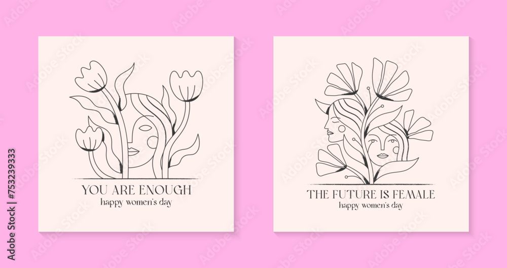 Girly vector illustrations with woman faces.Stylish prints for t shirts,posters,cards with flowers.Linear black and white concepts.Feminism quote and woman motivational slogans.Women's day greetings