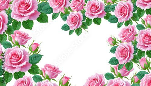 beautiful pink roses in full bloom, with soft petals and green leaves isolated on whitebackground