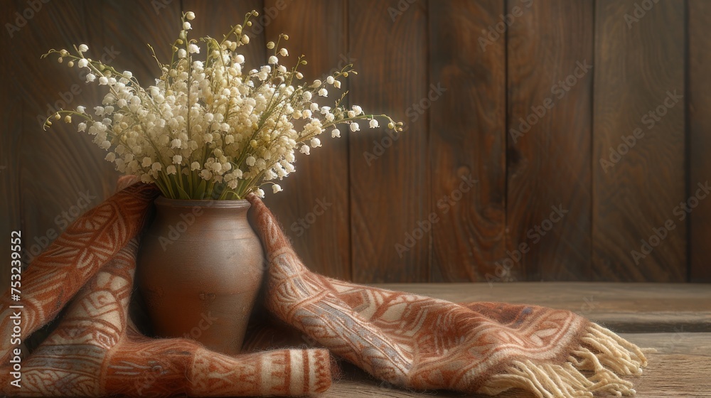 a vase filled with white flowers sitting on top of a wooden floor next to a blanket and a wooden wall.