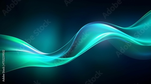 Azure blue green light effect, curve shape neon speed motion. Futuristic illustration in cyberpunk style light trail vector, slow shutter, night city. Color swirl power waves flow. Electric trail