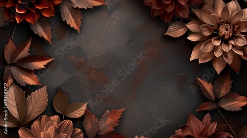 Textured black background with copper flowers and leaves, Vintage copper flowers and leaves on a grunge black background, Copper and black dahlia flowers and leaves, Copy space for text
