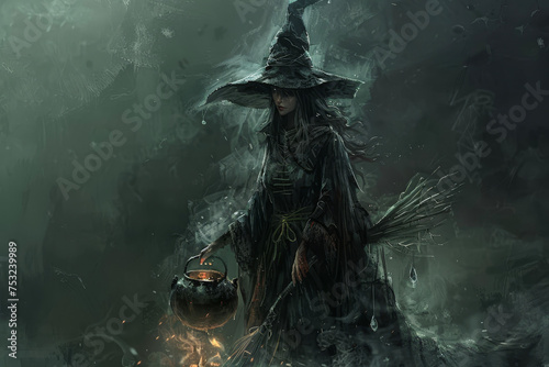 A gothic witch with a black hat, a broom and a cauldron