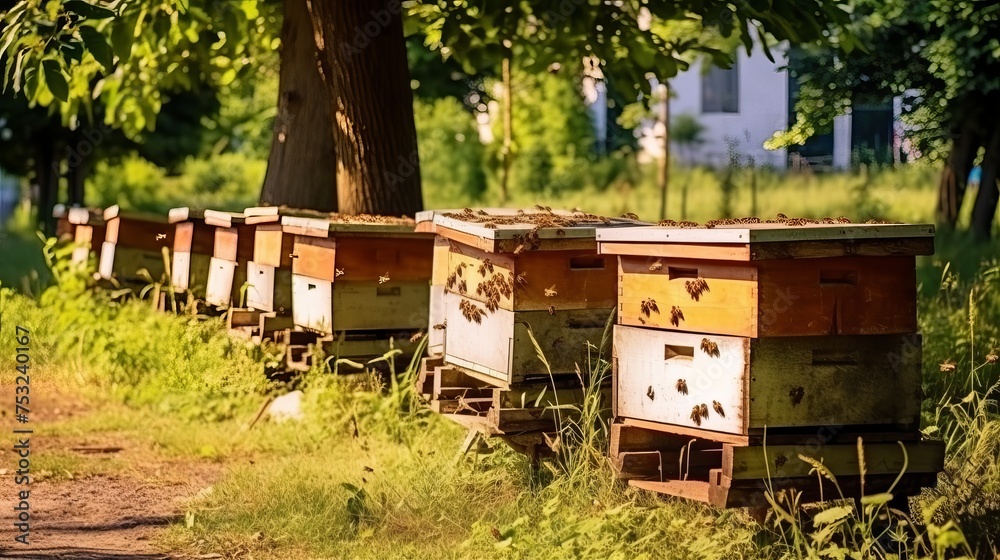 Traditional wooden beehives are displayed in an apiary, where colonies of bees are kept for honey production in the garden. Traditional wooden beehives are displayed in an apiary, where colonies of bees are kept for honey production in the garden.