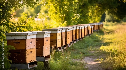 Traditional wooden beehives are displayed in an apiary, where colonies of bees are kept for honey production in the garden.