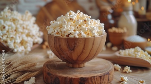 a wooden bowl filled with popcorn sitting on top of a wooden table next to a pile of ears of wheat.
