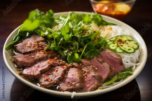 Sliced Beef with Herbs on Rice Noodles