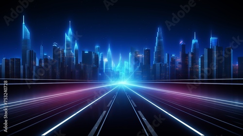 Vector illustration of a neon-lit road in a bustling city environment.