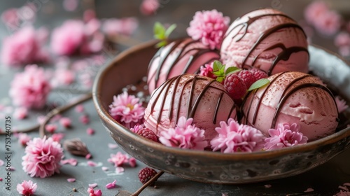a bowl filled with chocolate covered strawberries on top of a table with pink flowers on the side of the bowl. photo