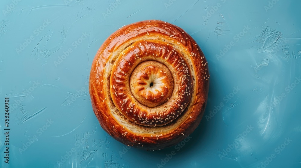 a close up of a loaf of bread with a spiral design on top of it on a light blue background.