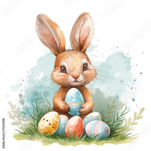 Watercolor Easter bunny sitting in the grass with Easter eggs on a sunny spring day, isolated on white background.