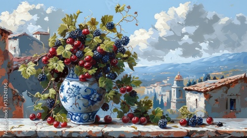 a painting of a blue and white vase with berries on a ledge with a view of a mountain in the distance. photo