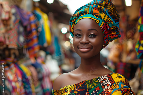 Cultural exploration: Young black woman in traditional African attire, vibrant patterns, standing proudly in a local market 