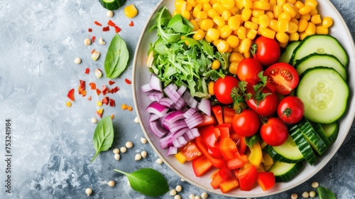 a plate of vegetables including corn, tomatoes, cucumbers, red onion, corn, and lettuce.