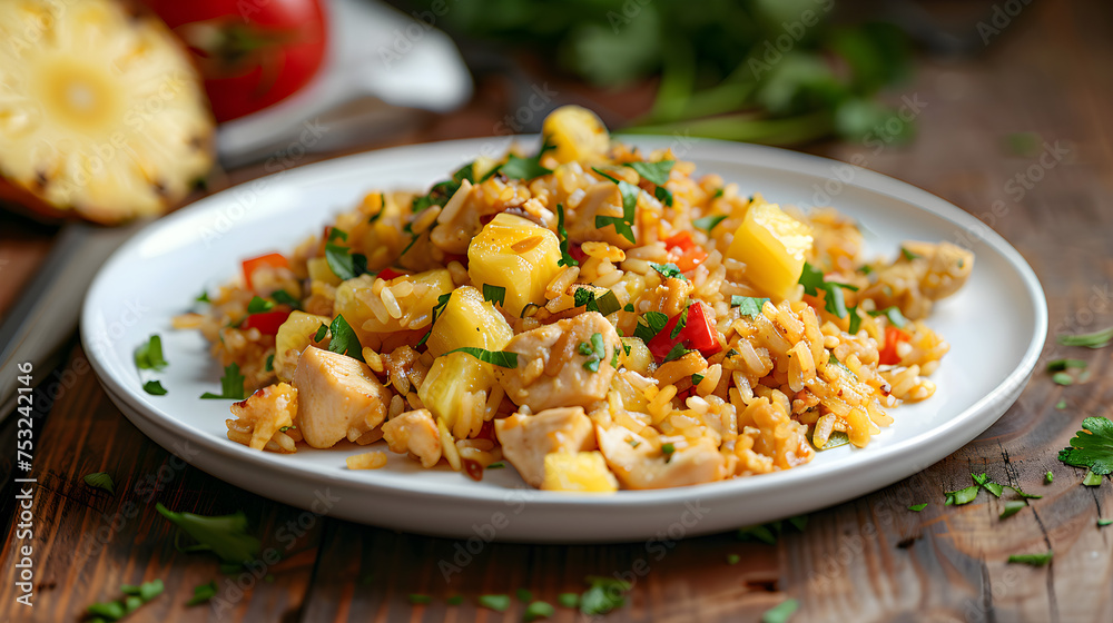 Tropical pineapple fried rice on wooden table