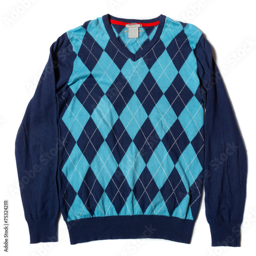 Vintage blue wool sweater with argyle pattern on a white background