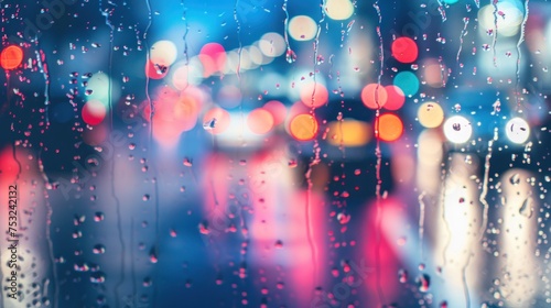 a close up of a rain covered window with a blurry cityscape in the background and raindrops on the glass. photo