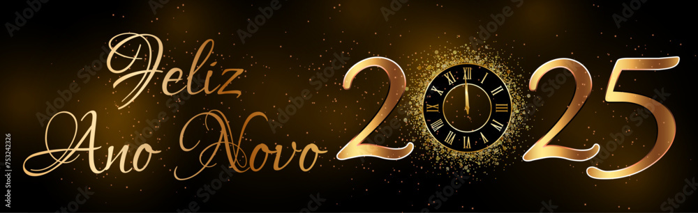 cartão ou banner para desejar um feliz ano novo 2025 em ouro o 0 é substituído por um relógio em um fundo gradiente preto e marrom - obrazy, fototapety, plakaty 