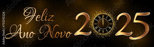 cartão ou banner para desejar um feliz ano novo 2025 em ouro o 0 é substituído por um relógio em um fundo gradiente preto e marrom