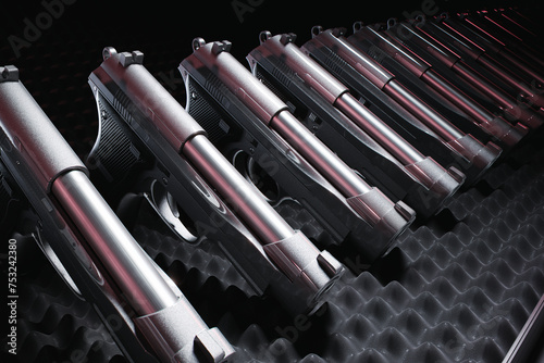 Neat Array of Metallic Handguns on a Dark Textured Surface photo