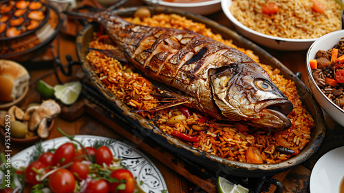 masgouf feast with grilled fish and seasoned rice