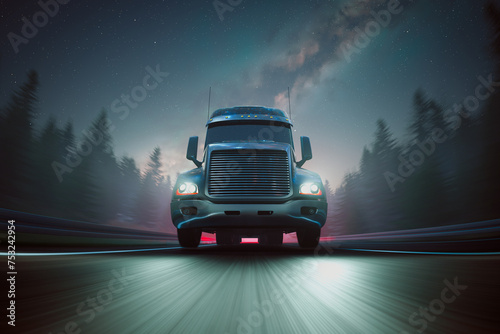 Long-Haul Semi-Truck Dominates the Highway Under a Starry Night Sky
