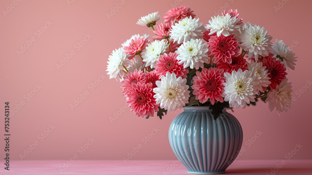 Bouquet of red and white chrysanthemums in a vase on a pink background ...