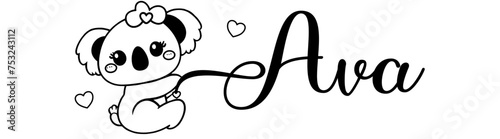 Ava - black color - name written - Word with Koala kawaii for websites, baby shower, greetings, banners, cards,, t-shirt, sweatshirt, prints, cricut, silhouette, sublimation	