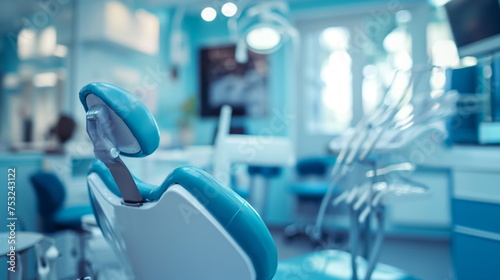 Modern dental clinic with an empty chair in focus  dental instruments alongside  in a bright  clean  and sterile environment  ready for patients. Blurred