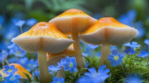 a group of yellow mushrooms sitting on top of a lush green field of grass and blue wildflowers in front of a forest of blue flowers.