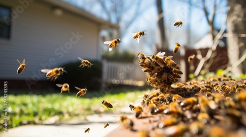 Witness swarms of bees at the hive entrance, bustling with activity in the spring air. photo