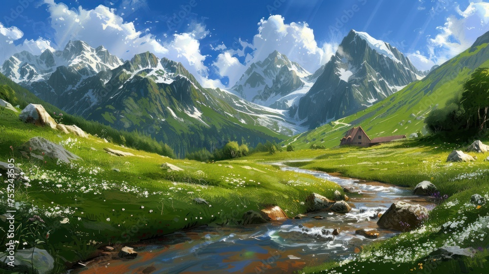 a painting of a green valley with a stream running through it and a house on the other side of the valley.