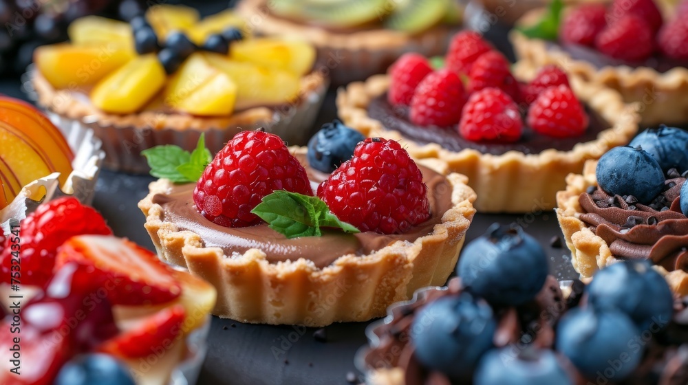 Assorted fresh fruit tarts with vibrant toppings on display. Gourmet mini tarts with berries and mint garnish. Elegant dessert selection featuring raspberry, blueberry, and chocolate.