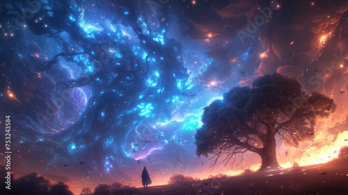 a digital painting of a man standing in the middle of a field with a sky full of stars in the background.
