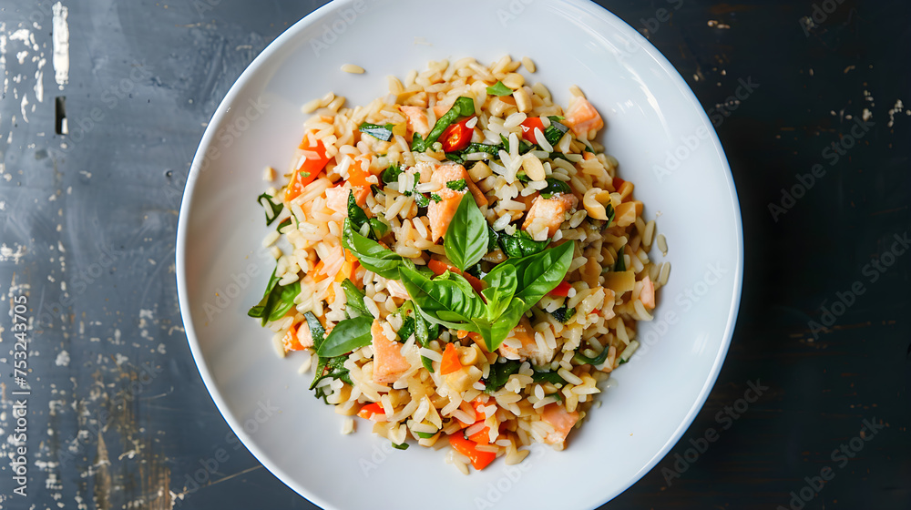 Fresh basil and tomato orzo salad on plate Fresh basil and tomato orzo salad on plate