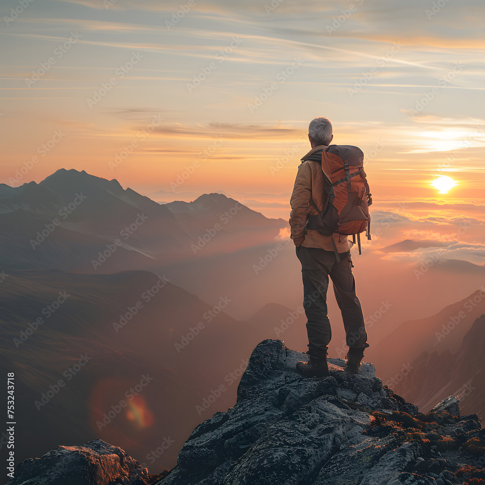 Adventure awaits: Senior male hiker with a backpack standing on a mountain peak, overlooking a breathtaking sunrise Adventure awaits: Senior male hiker with a backpack standing on a mountain peak, overlooking a breathtaking sunrise