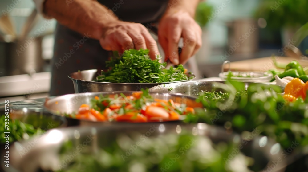 Chef's hands skillfully preparing fresh herbs for gourmet dishes. Culinary expertise in action with vegetable chopping. Fresh ingredients being expertly prepared for healthy cuisine.