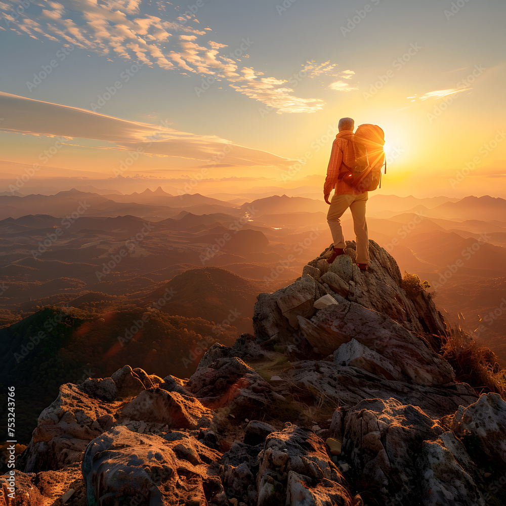 Fototapeta premium Adventure awaits: Senior male hiker with a backpack standing on a mountain peak, overlooking a breathtaking sunrise 