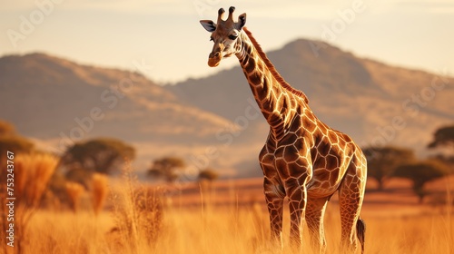 Giraffe in african savannah landscape, majestic wild animal standing among grasslands and trees