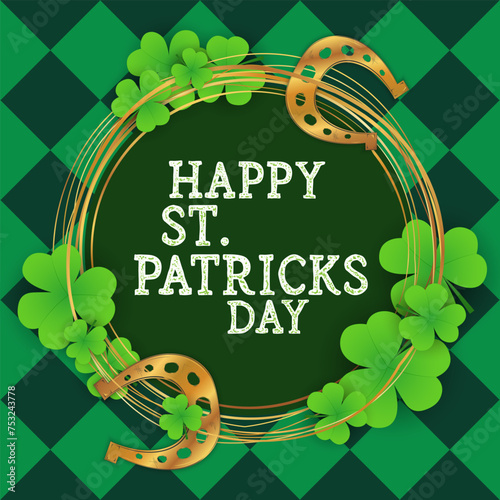 happy Saint Patrick's Day card poster, party invitation template, background, wallpaper, banner, template, web. green clover, golden horseshoe for good luck